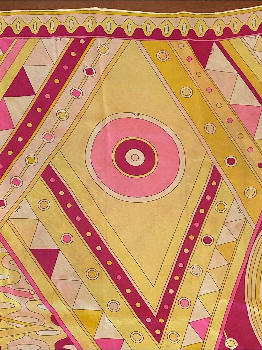Vintage Mid Century Emilio Pucci Geometric Pink & Yellow Large Silk Scarf